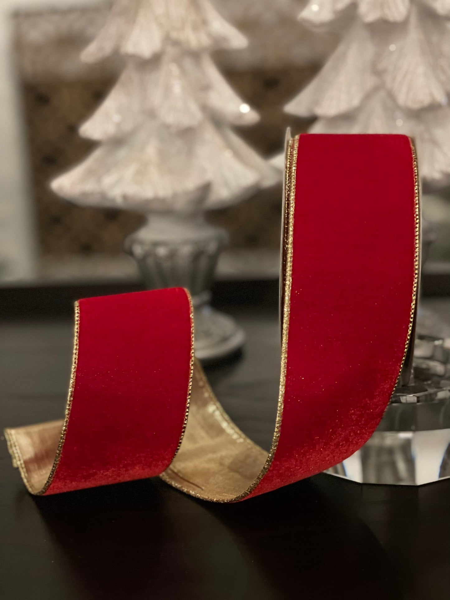 velvet red ribbon with gold back. Red and gold. 2.5”x 10 yards. Wired.