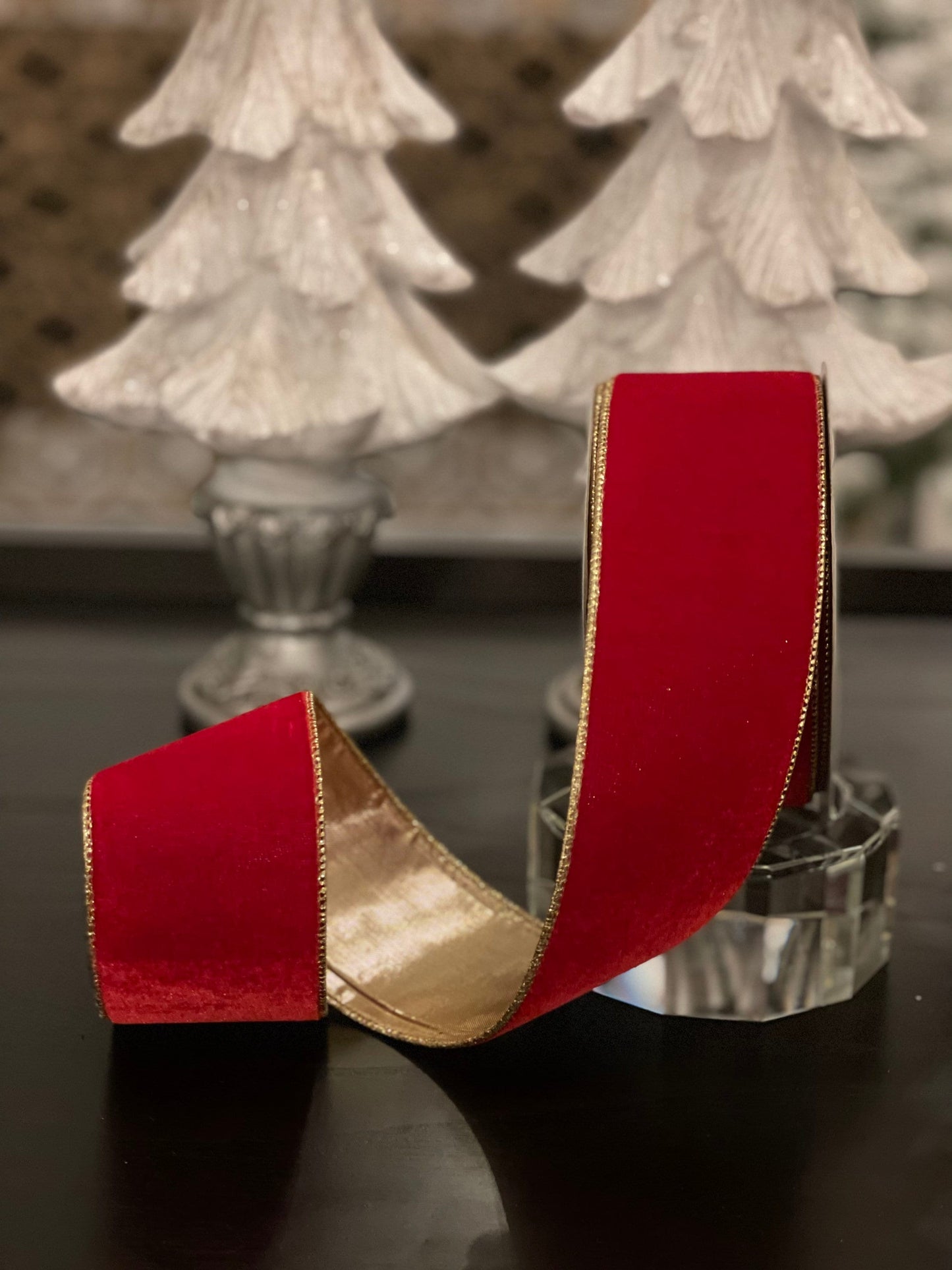 velvet red ribbon with gold back. Red and gold. 2.5”x 10 yards. Wired.