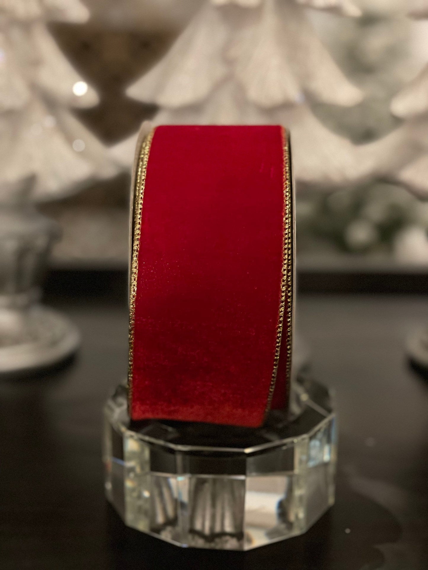velvet red ribbon with gold back. Red and gold. 2.5”x 10 yards. Wired.