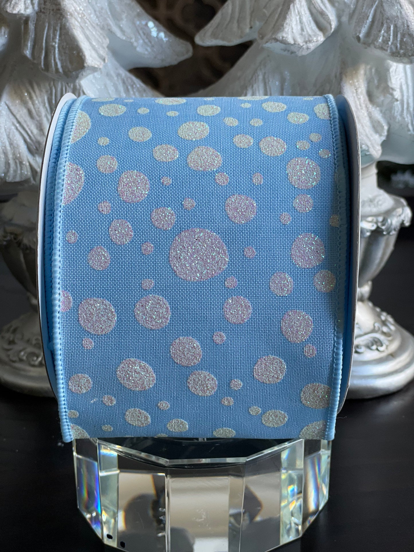 Baby blue and white dots wired ribbon 4” x 10 YDS*