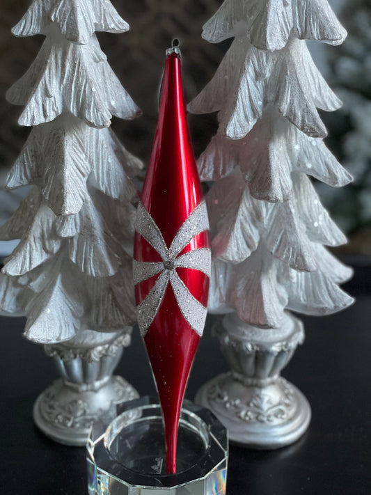 13” finial red and white glitter. Oval drop ornament.*