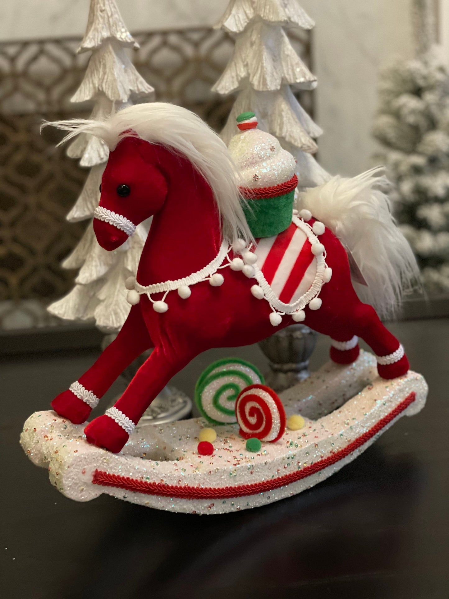 14 x15 inch Rocking horse with cupcake ornament velvet and lace. Multicolor. Red, white, green. Glitter.