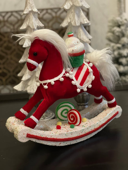14 x15 inch Rocking horse with cupcake ornament velvet and lace. Multicolor. Red, white, green. Glitter.