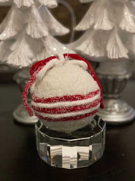 4.5” frosted ball ornament. candy cane ornament. Red and white frosted ornament.