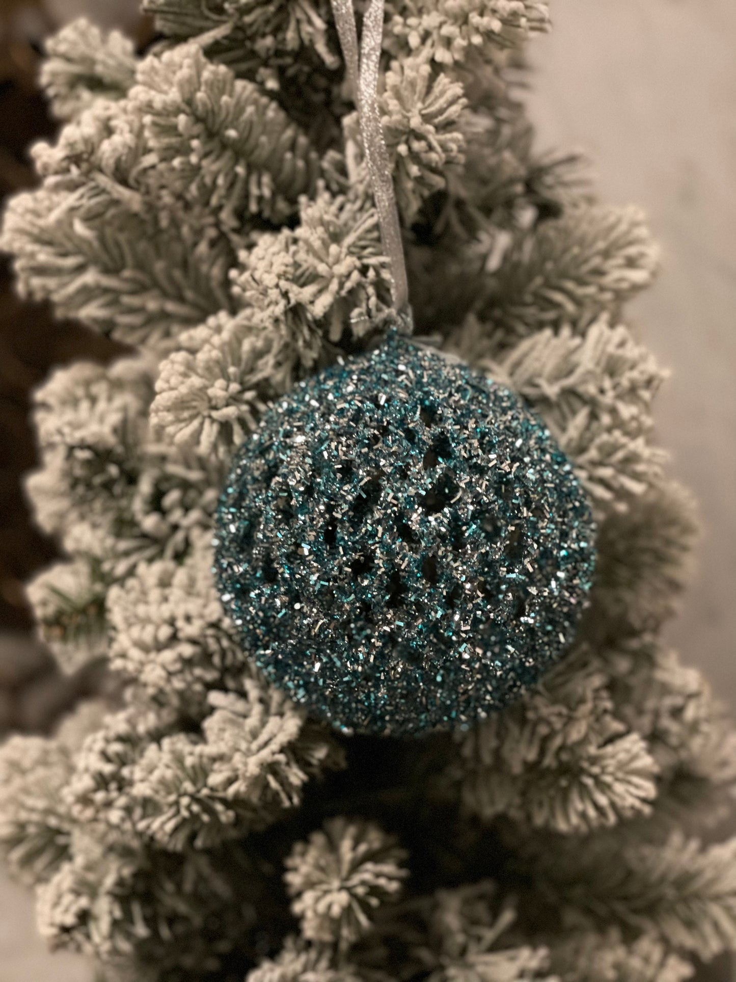 6” Aqua tinsel glitter ball ornament. candy ornament.