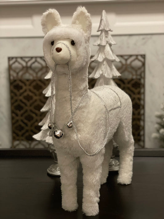 21 x 16.5 inch Llama ornament. White and silver. Lace and jingle bells.