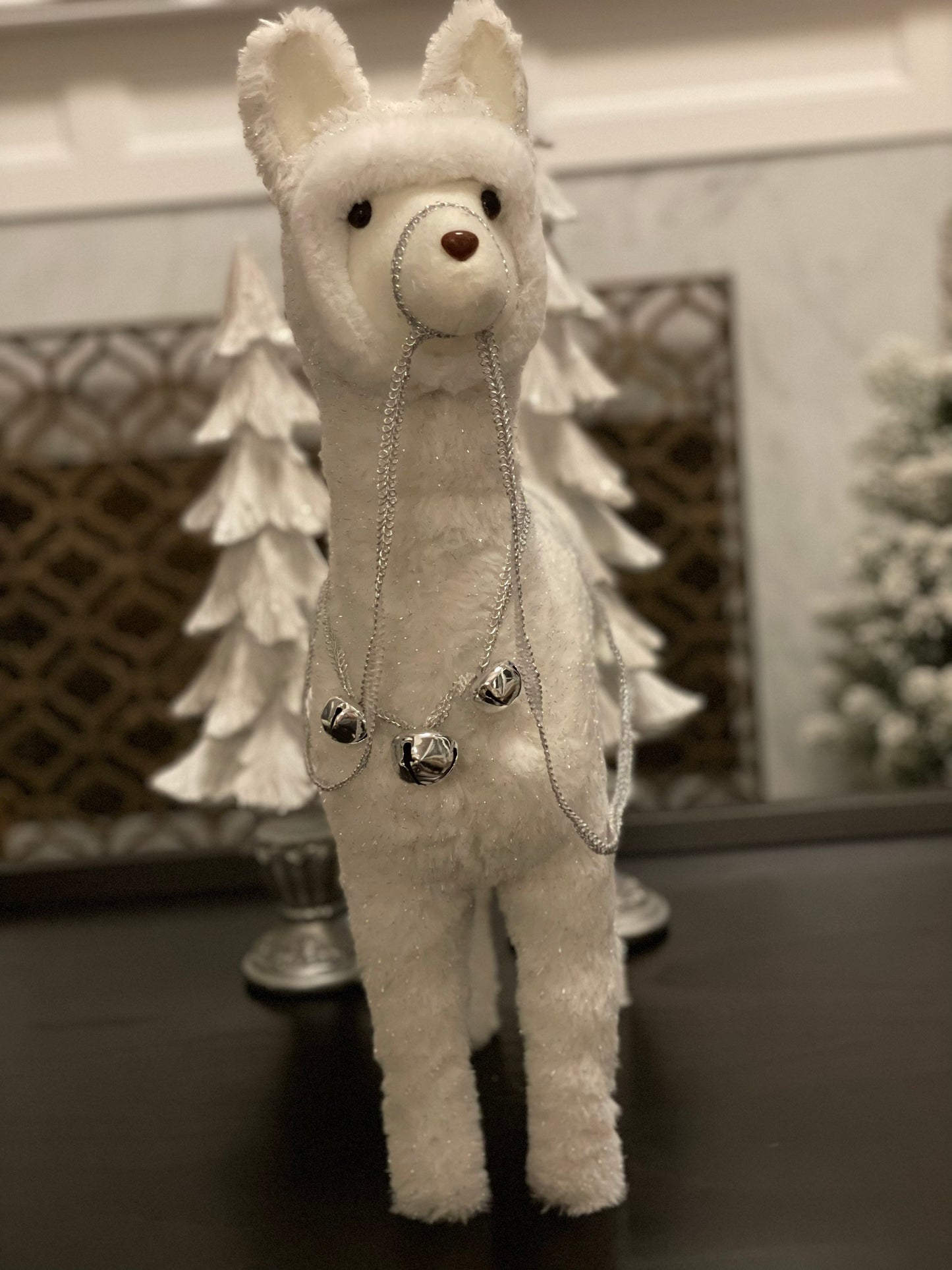 21 x 16.5 inch Llama ornament. White and silver. Lace and jingle bells.