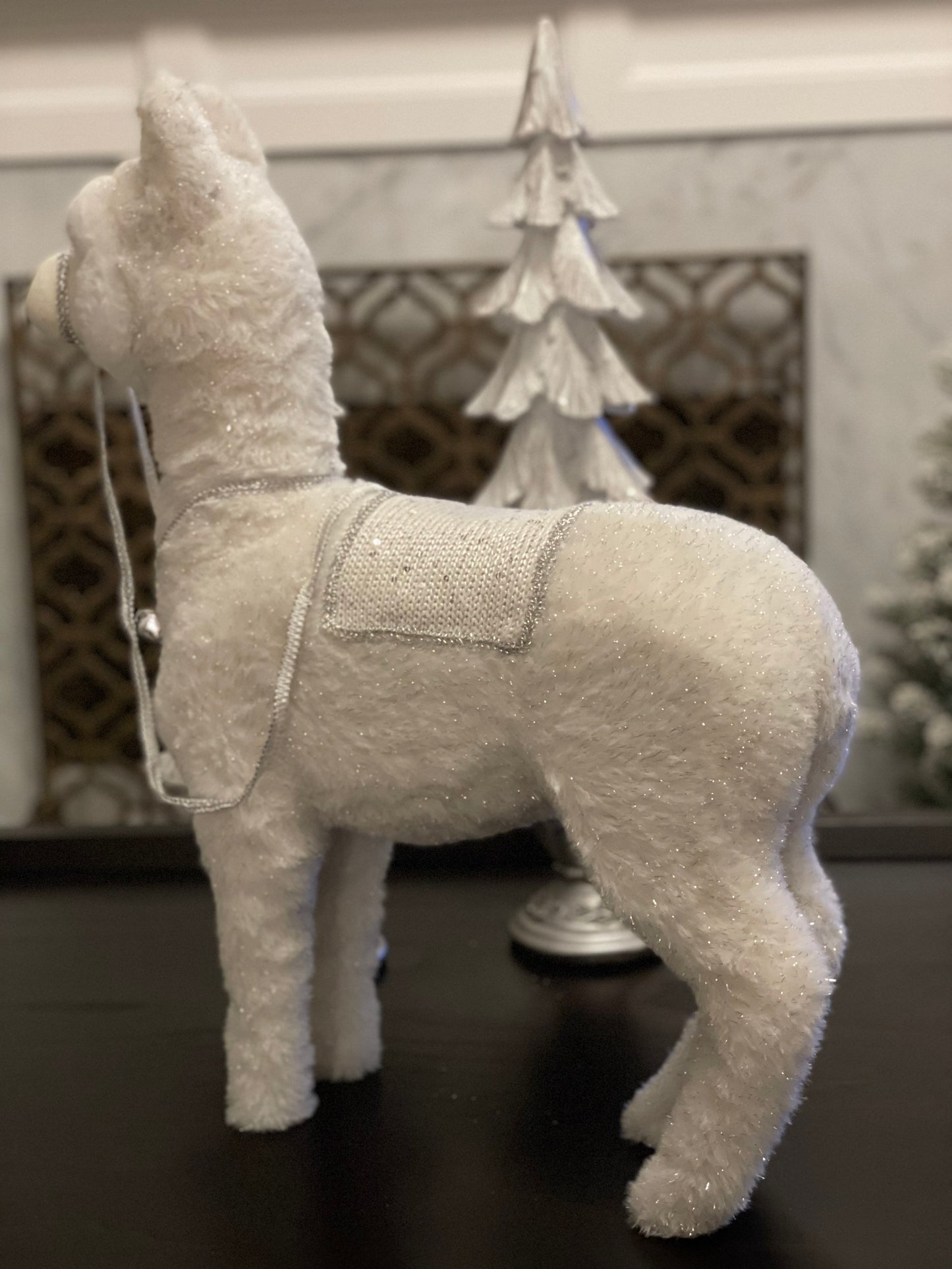 21 x 16.5 inch Llama ornament. White and silver. Lace and jingle bells.