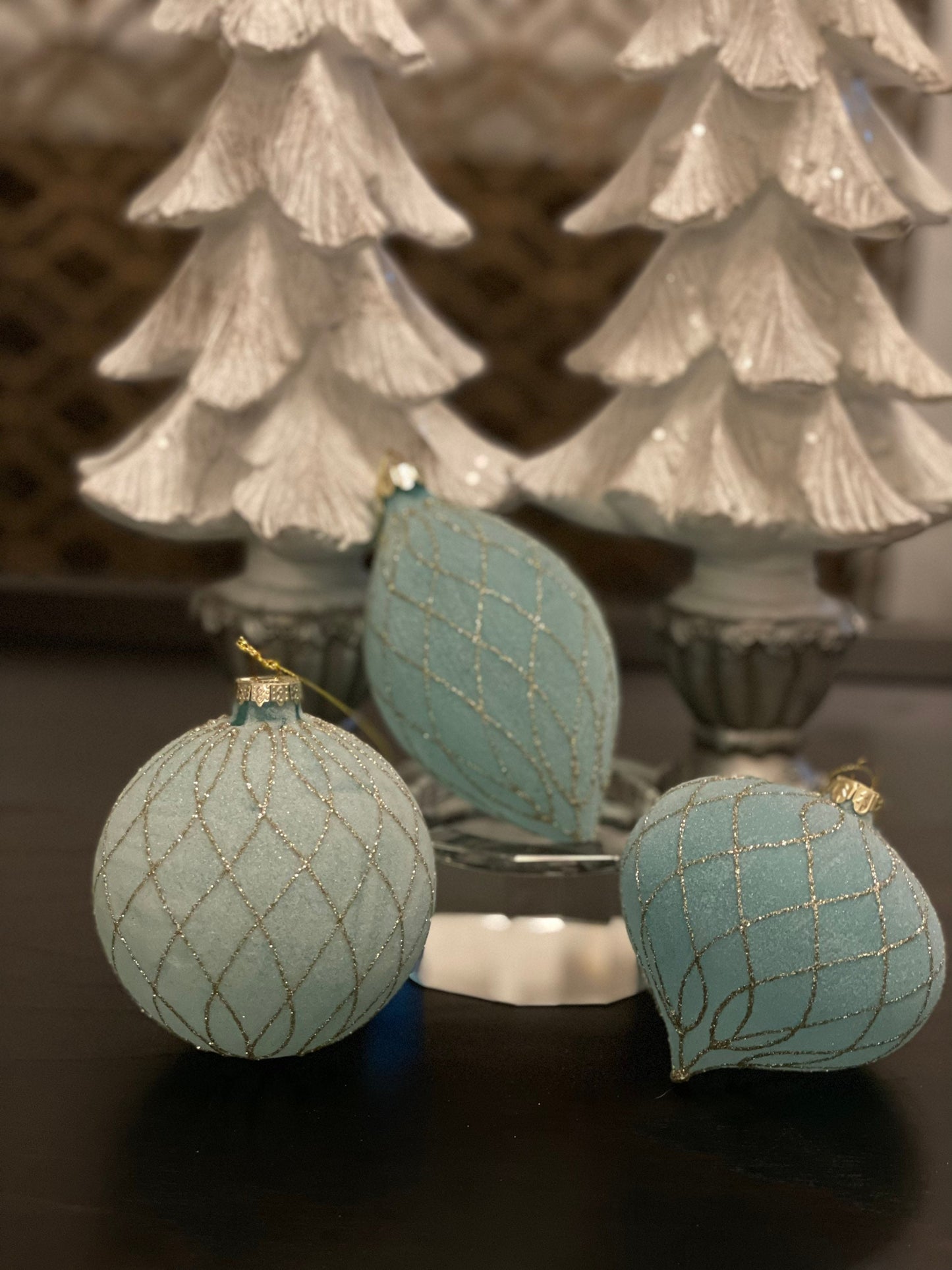 4" teal and gold glitter frosted diamond glass ornament set of 3*