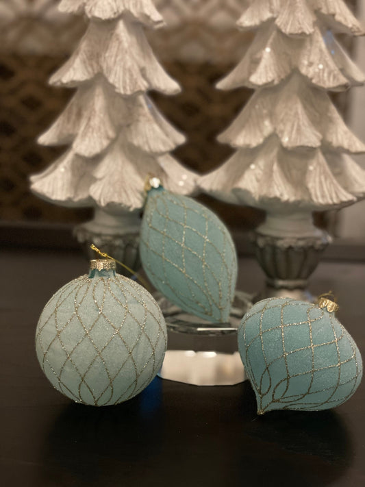 4" teal and gold glitter frosted diamond glass ornament set of 3*