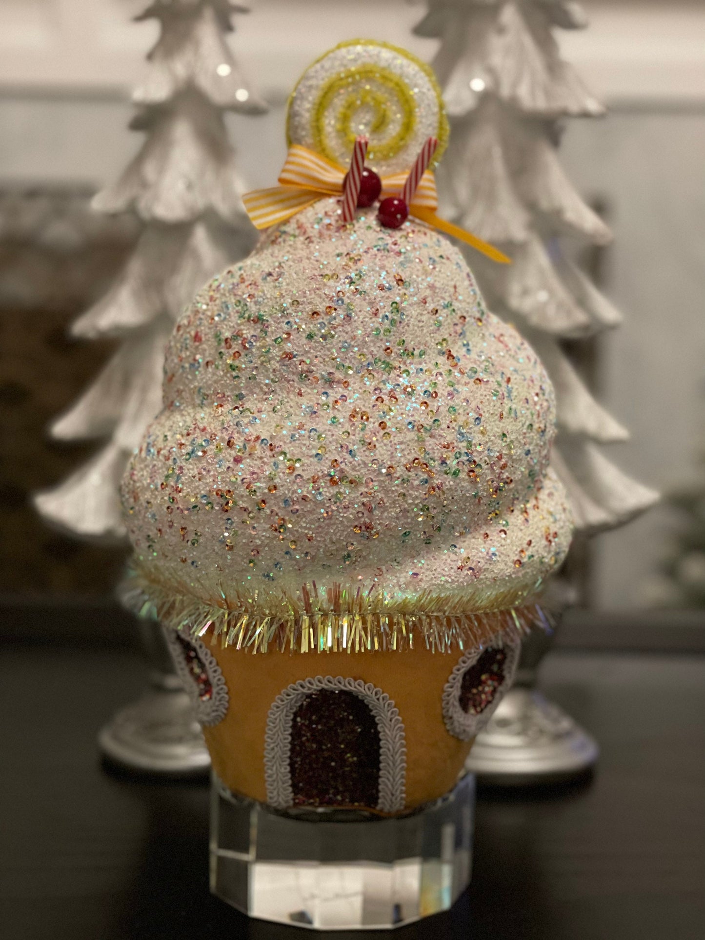 13” cupcake house velvet. Yellow and white. Glitter and sequins ornament. Candy theme ornament