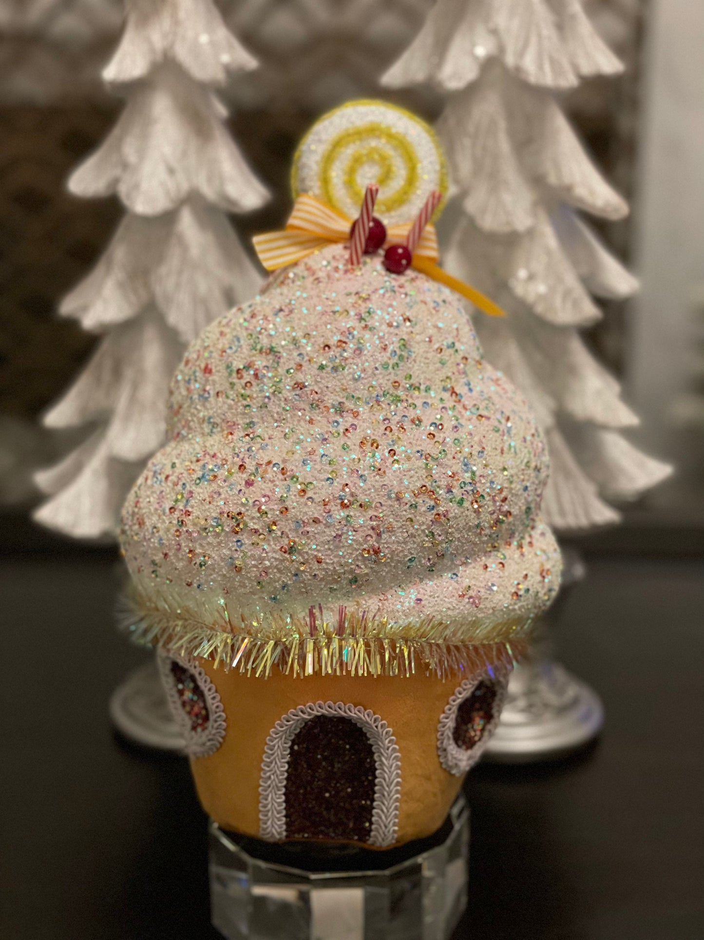 13” cupcake house velvet. Yellow and white. Glitter and sequins ornament. Candy theme ornament