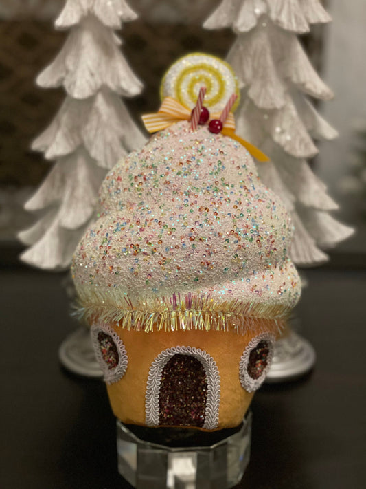 13” cupcake house velvet. Yellow and white. Glitter and sequins ornament. Candy theme ornament
