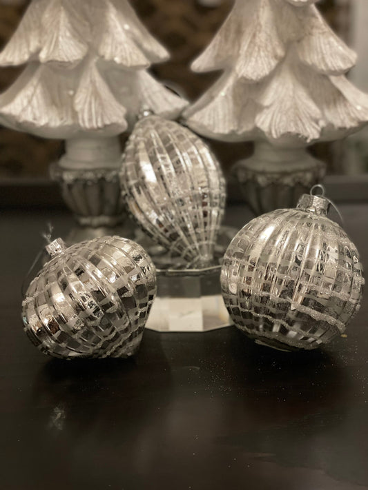 4" silver glass ornament with glitter set of 3*