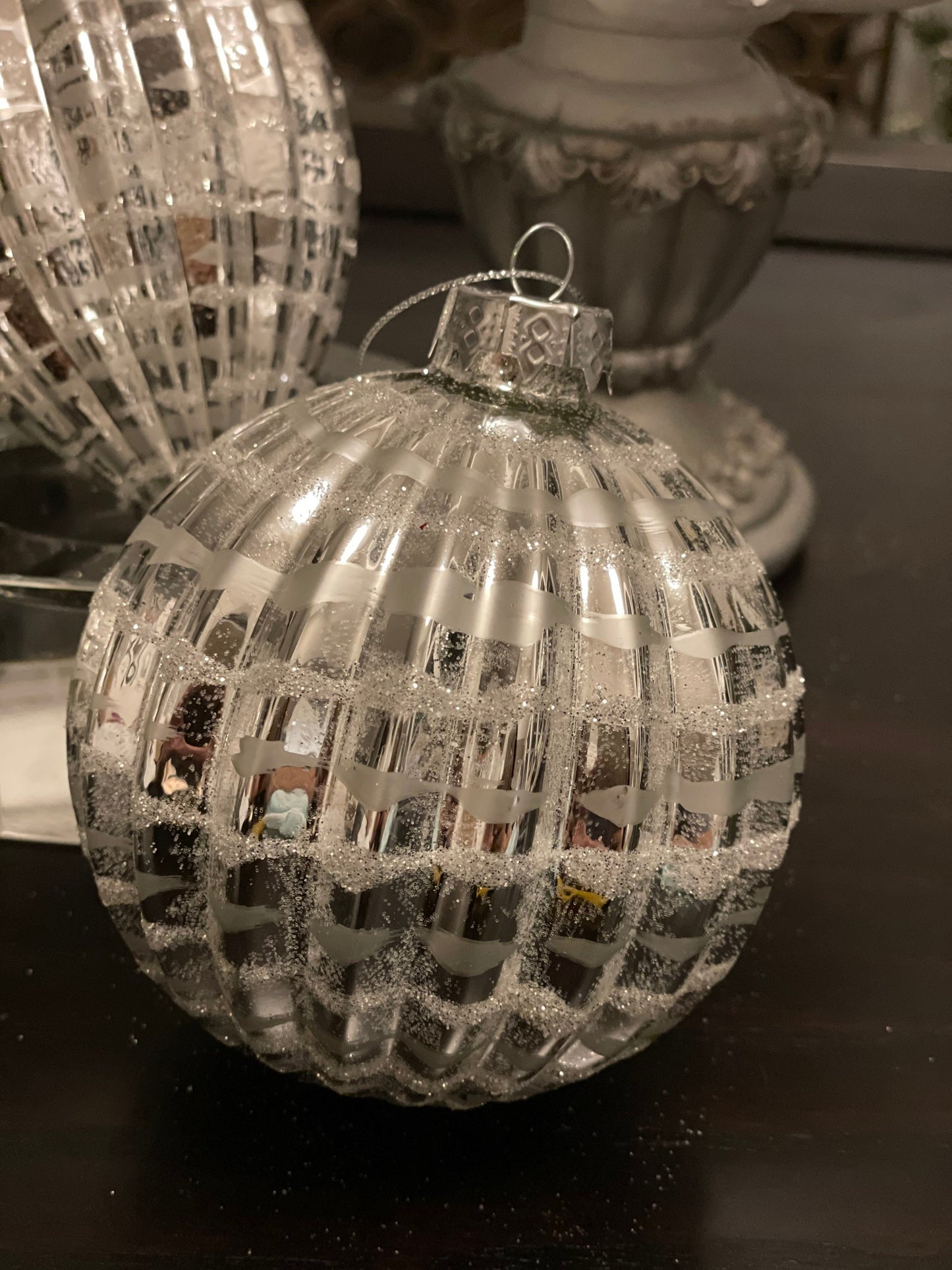 4" silver glass ornament with glitter set of 3*