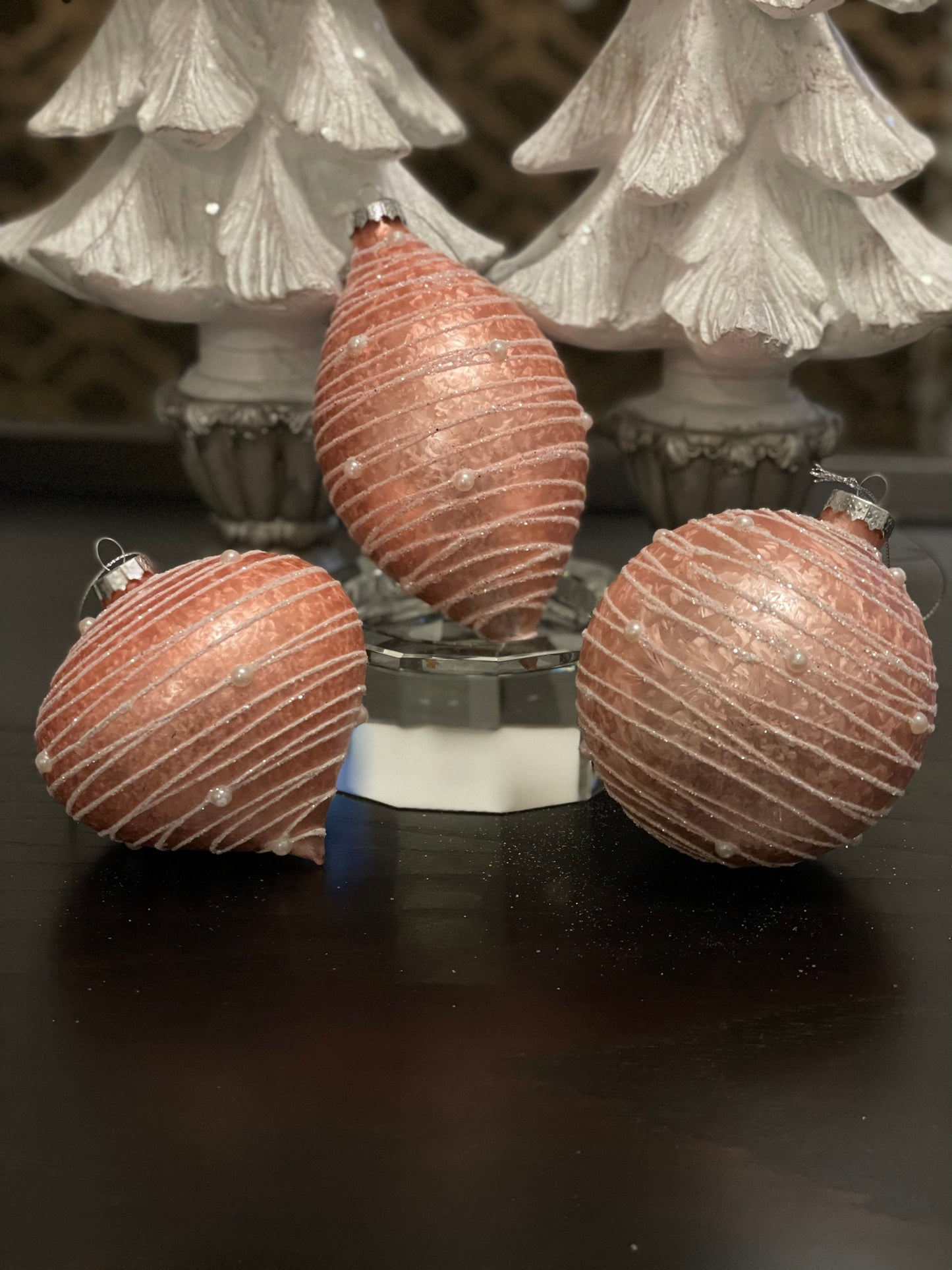 4" pink glass ornament with pearls. SET OF 3 ball, onion and finial.*