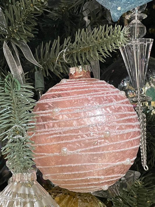 4" pink glass ornament with pearls. SET OF 3 ball, onion and finial.*