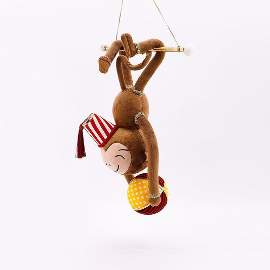 24 inch Monkey hanging with ball ornament. Lace embellishments. Circus. Christmas.