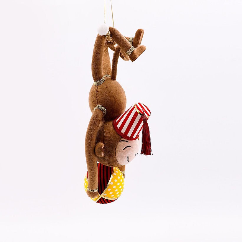 24 inch Monkey hanging with ball ornament. Lace embellishments. Circus. Christmas.