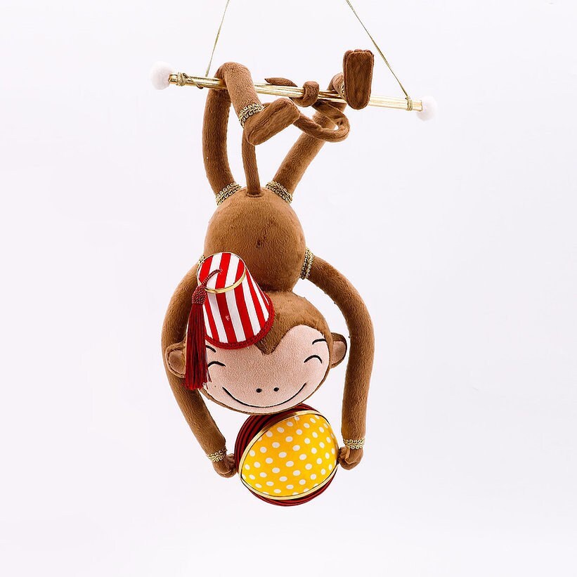 24 inch Monkey hanging with ball ornament. Lace embellishments. Circus. Christmas.