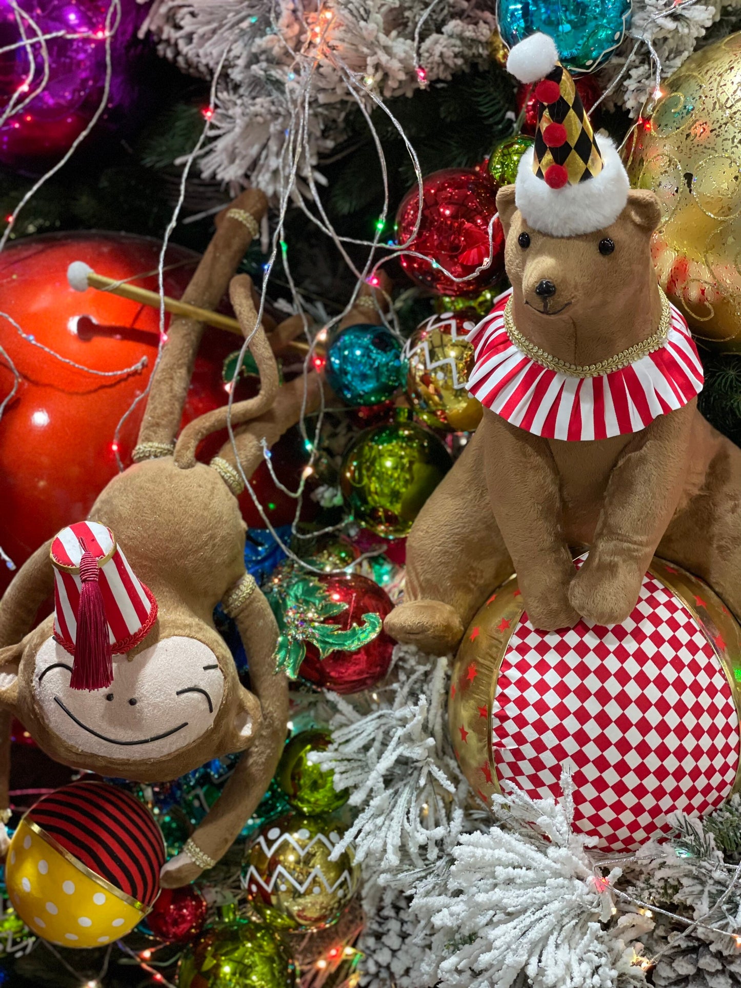 24 inch Monkey hanging with ball ornament. Lace embellishments. Circus. Christmas.