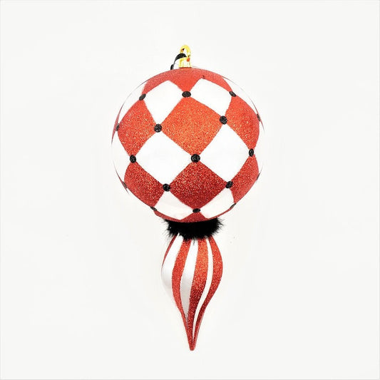 16” finial red, black and white. Christmas. Diamond pattern. Black feather.