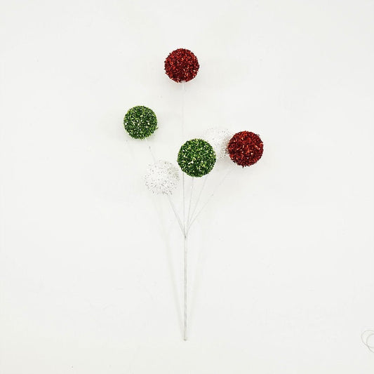 16” ball pick tinsel, red, white and green.