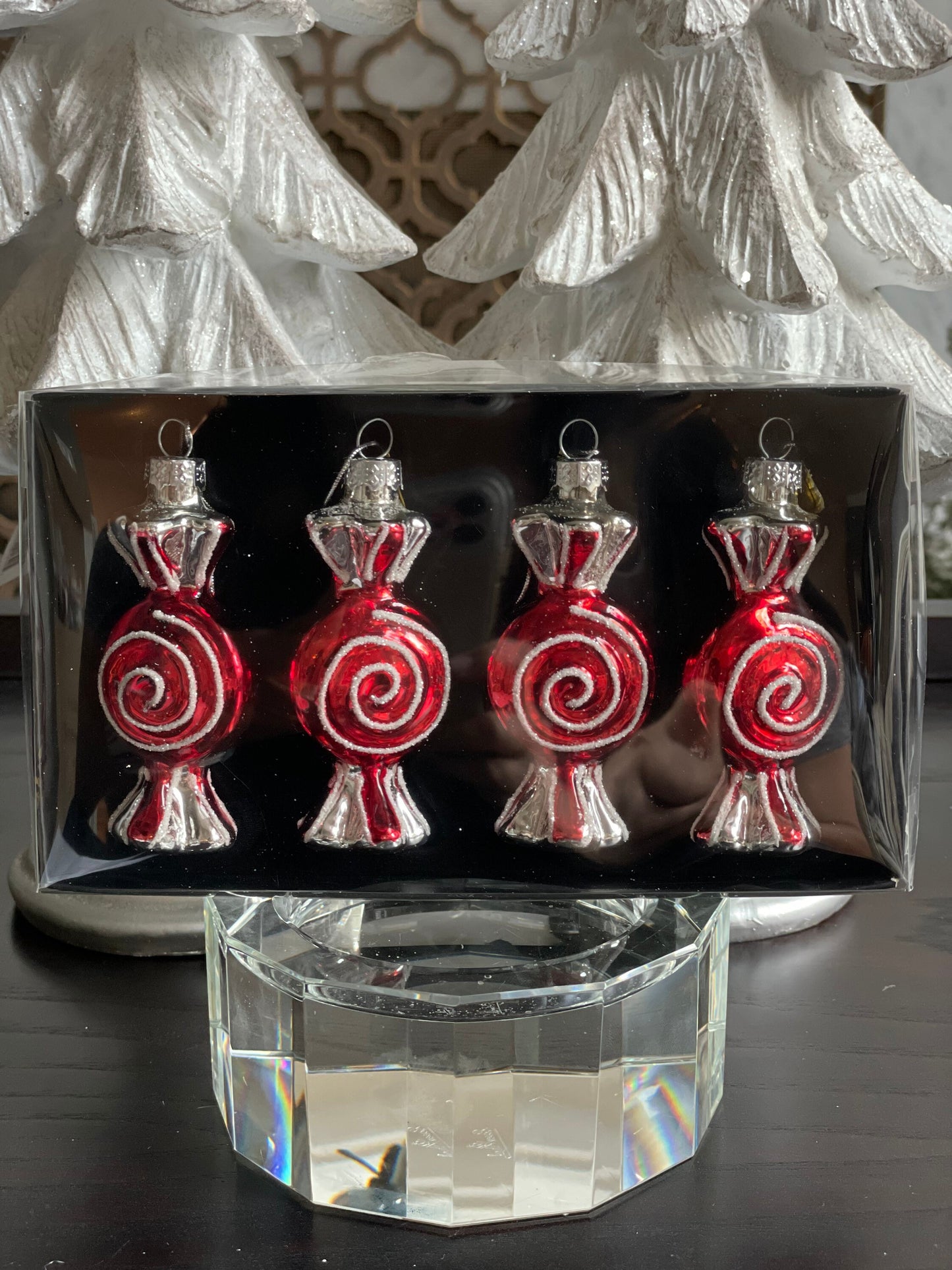 3" glass candy peppermint ornament box of 4