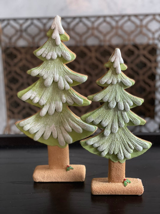 15.5" Green gingerbread Snowy cookie tree. set of 2. Resin.