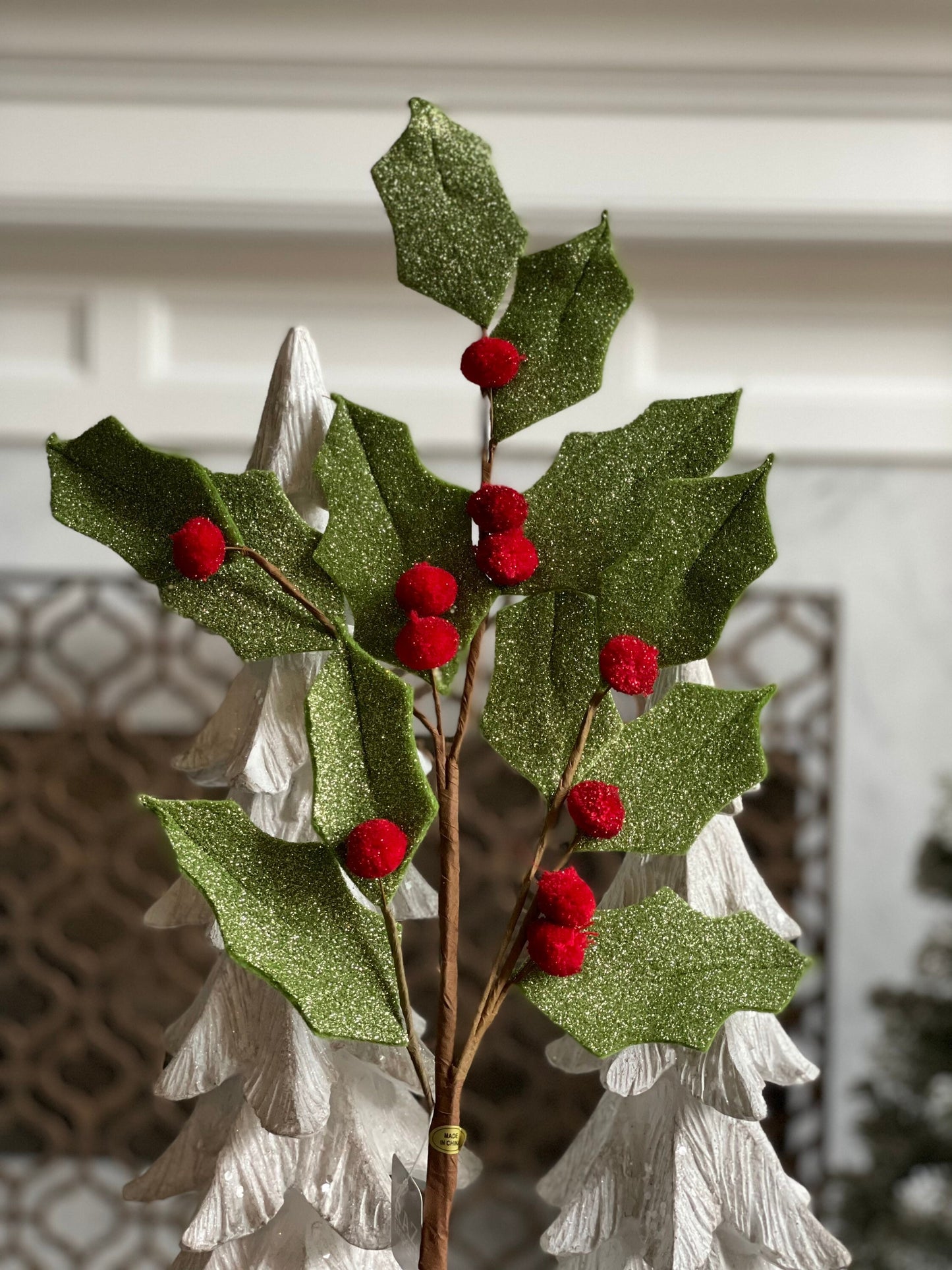 28" Iced felt holly spray. Christmas.