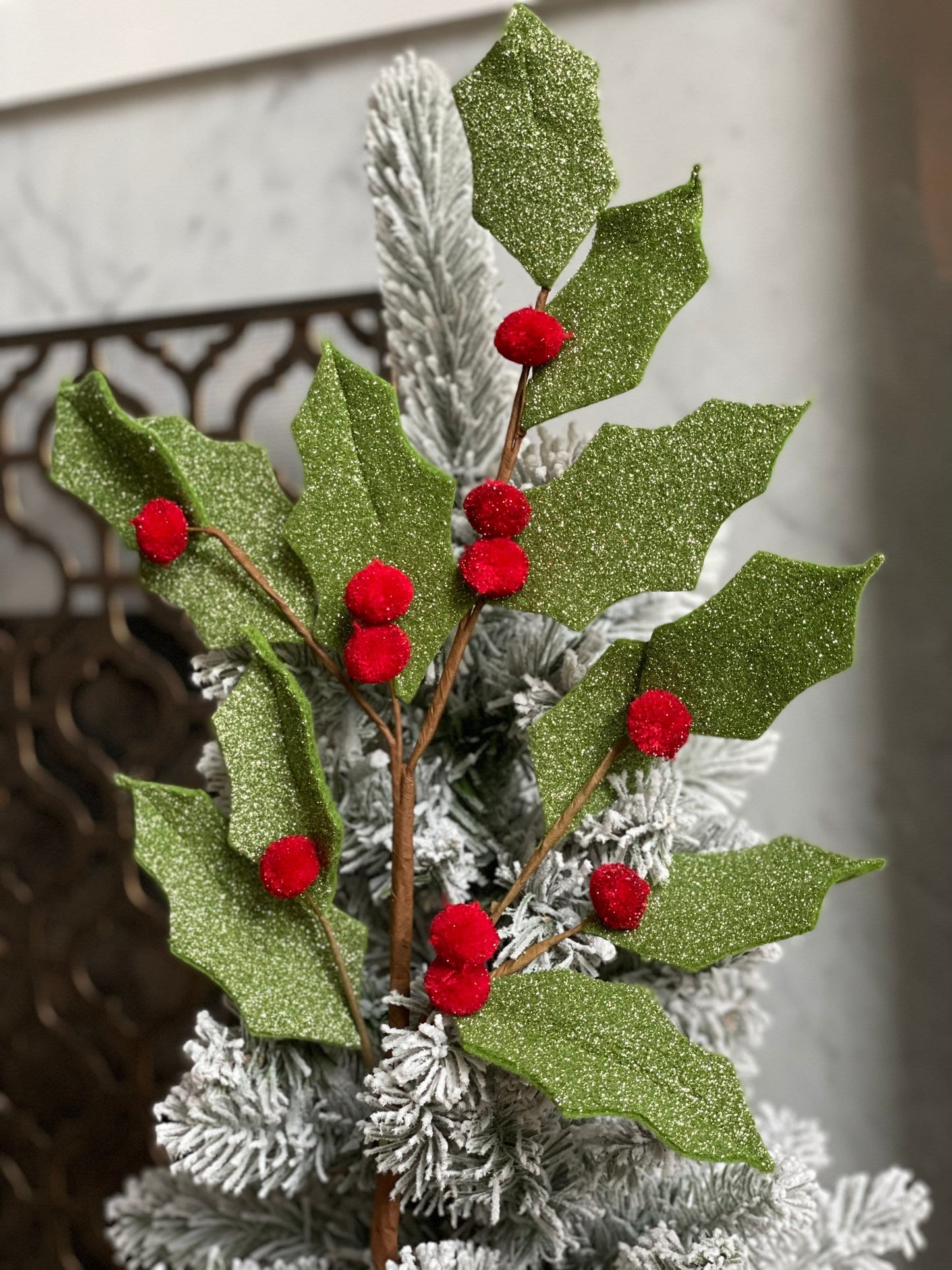 28" Iced felt holly spray. Christmas.