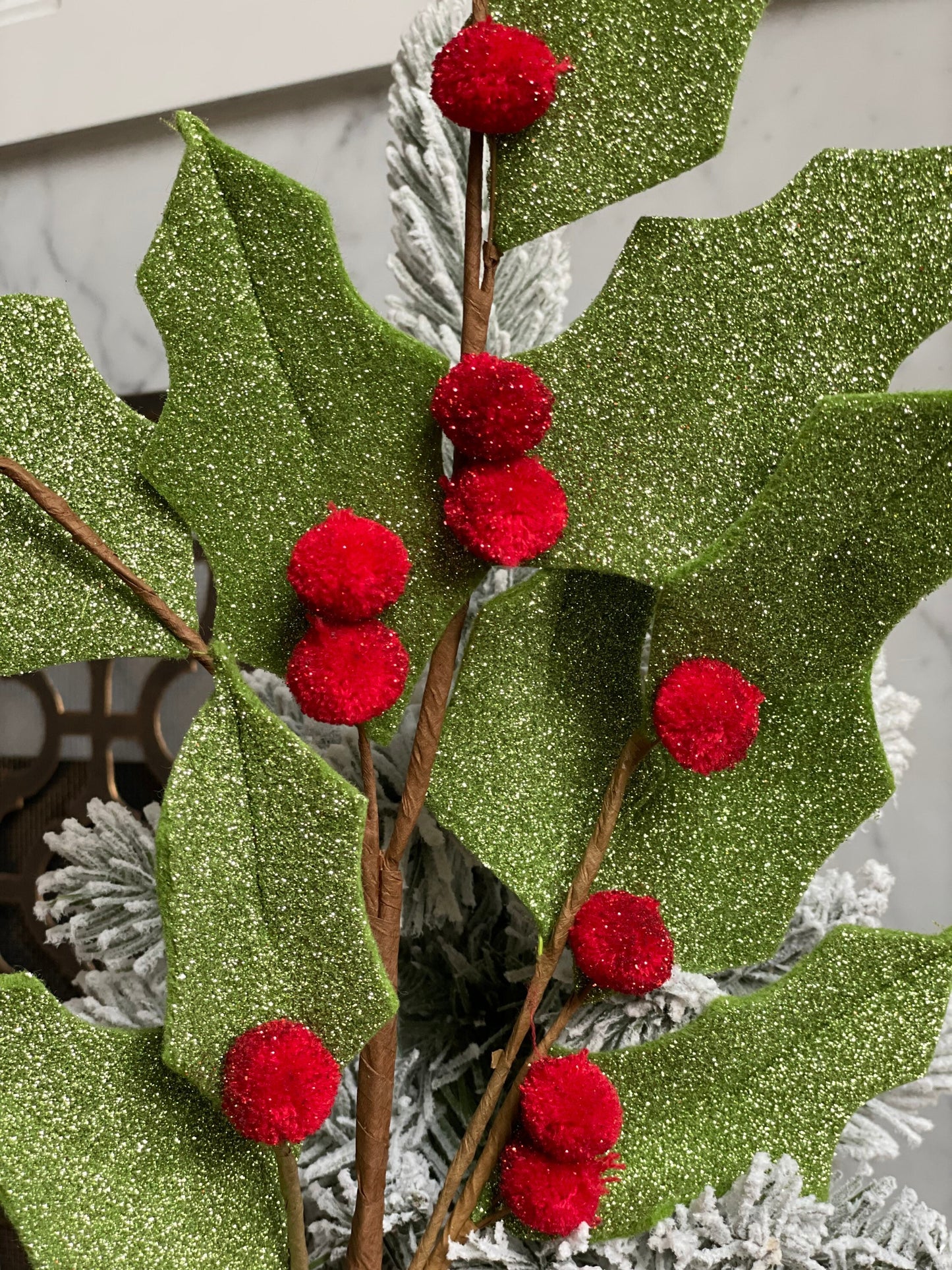 28" Iced felt holly spray. Christmas.