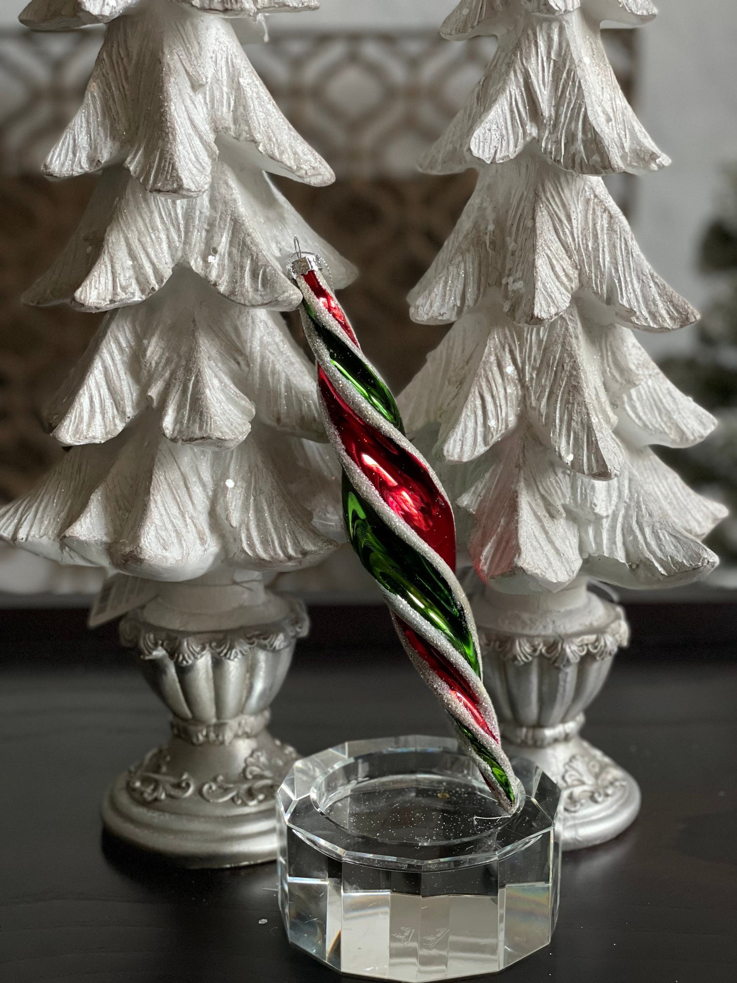 10” glass swirl finial red, green and white glitter. finial ornament.