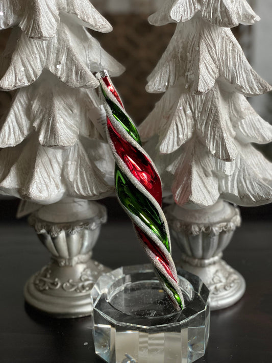 10” glass swirl finial red, green and white glitter. finial ornament.
