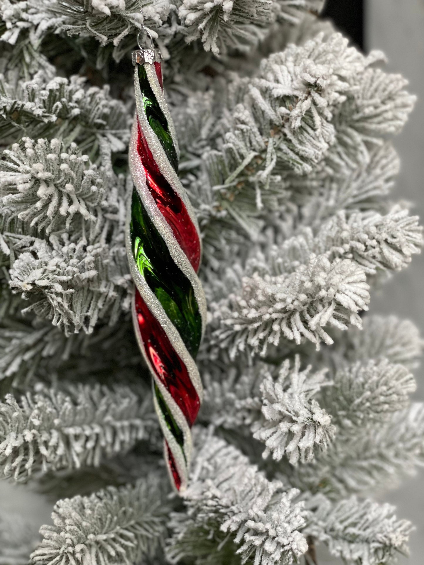 10” glass swirl finial red, green and white glitter. finial ornament.