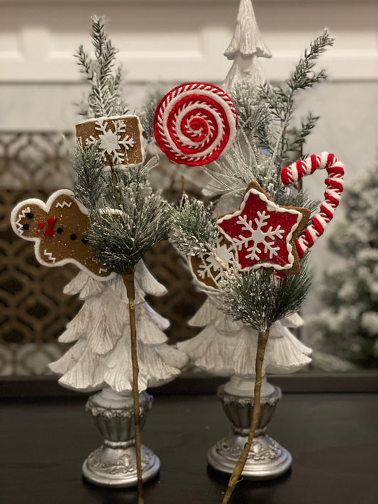SET OF 2. 23" flocked gingerbread pick. Set of 2. Christmas. Candy.