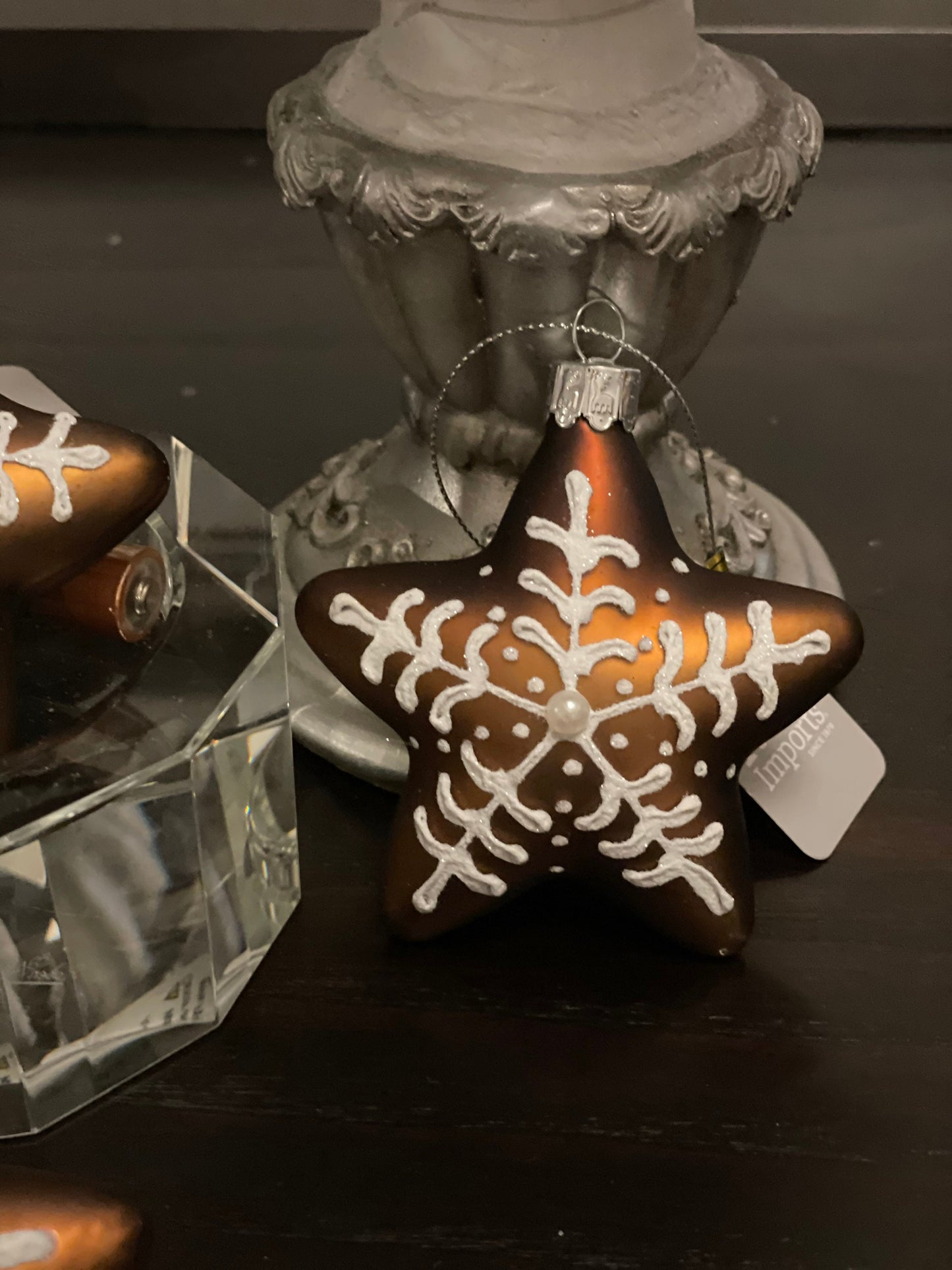 3.25" gingerbread star snowflake patterned glass ornament. set of 4.*
