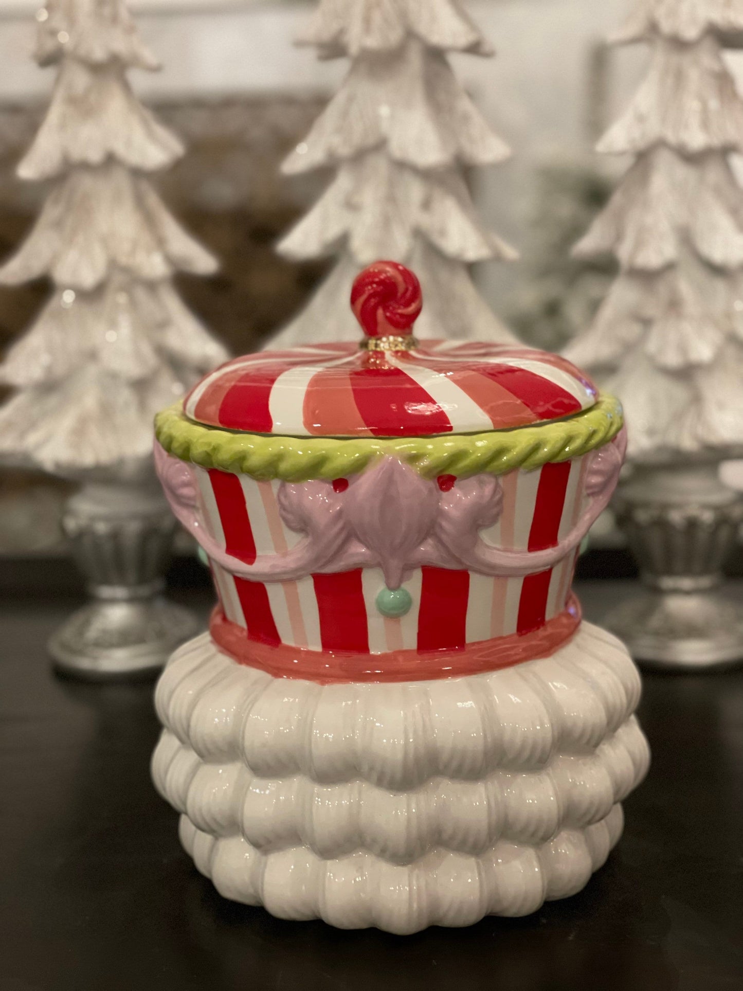 10”h x 8” w. Nutcracker dolomite cookie jar.