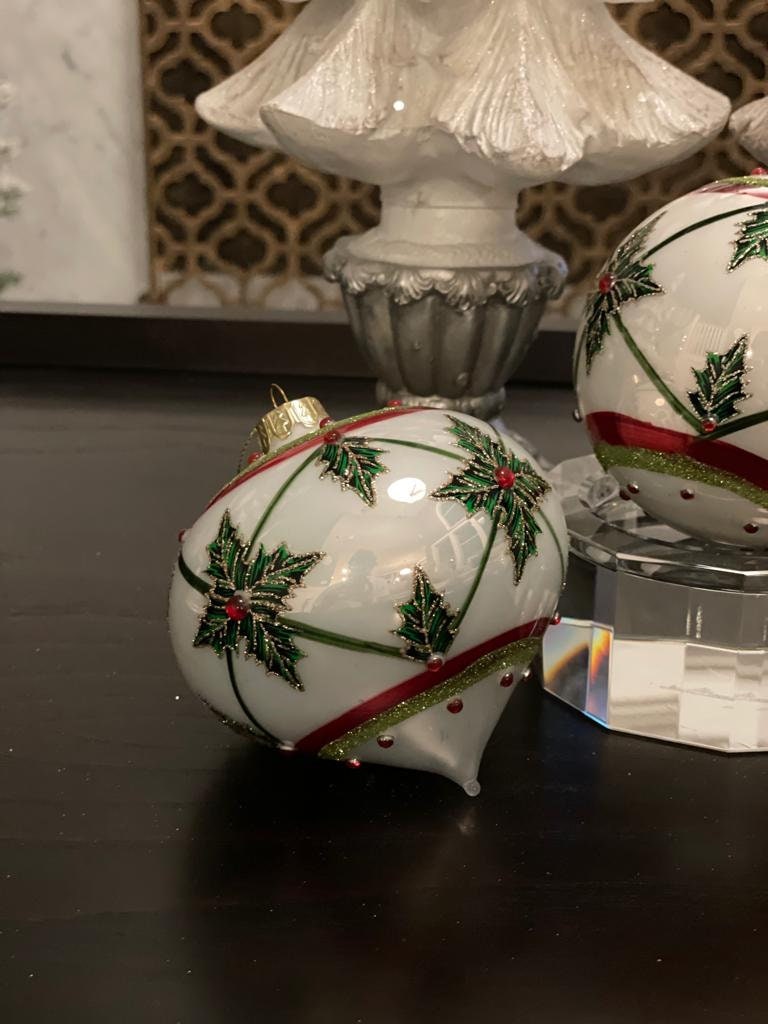 4" Holly leaf glass ornament. Set of 3. Ball, onion and finial.