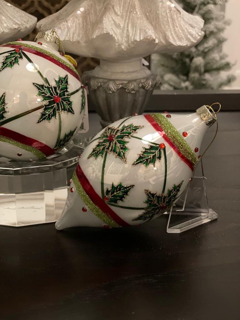 4" Holly leaf glass ornament. Set of 3. Ball, onion and finial.