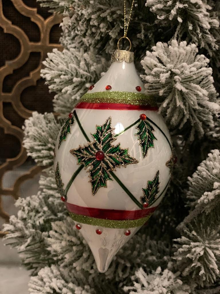 4" Holly leaf glass ornament. Set of 3. Ball, onion and finial.