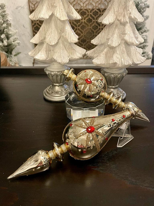 11.5” Jeweled finial glass ornament. Gold and red