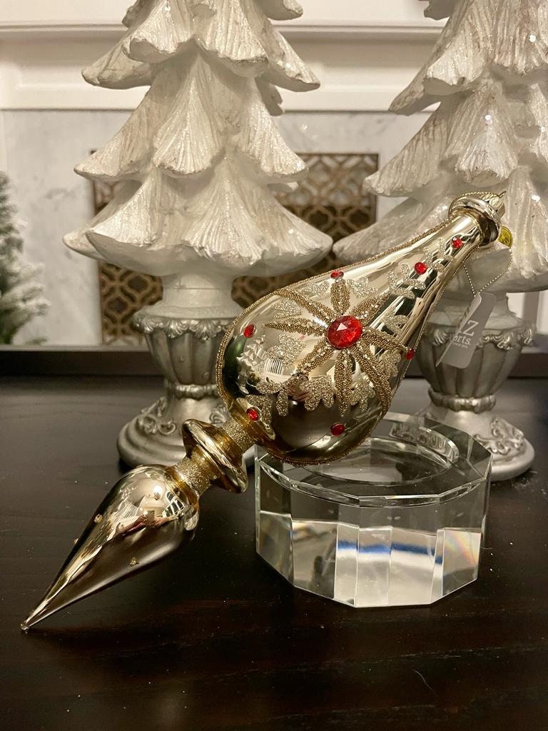 11.5” Jeweled finial glass ornament. Gold and red