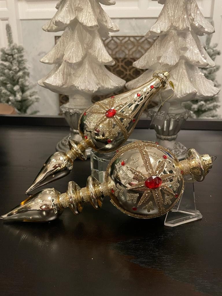 11.5” Jeweled finial glass ornament. Gold and red