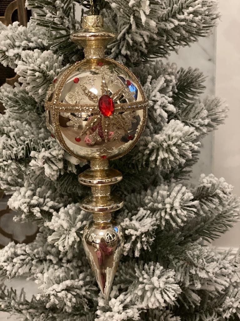 11.5” Jeweled finial glass ornament. Gold and red