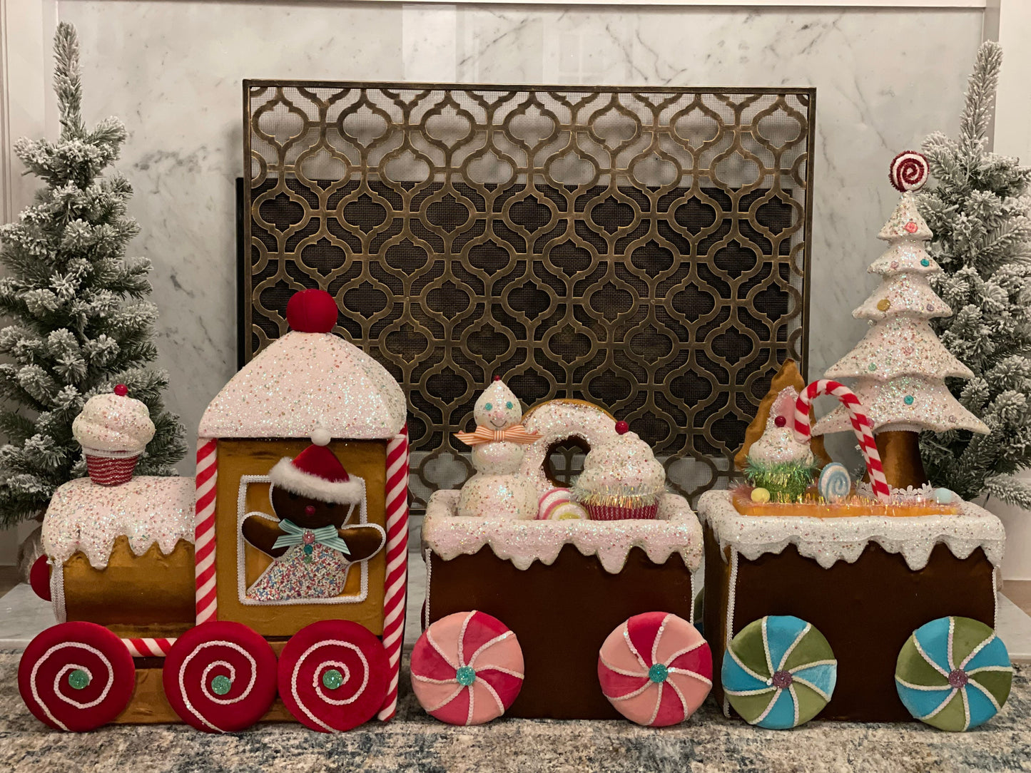 50” Velvet gingerbread candy train with tree, cupcakes, candy and snowman.