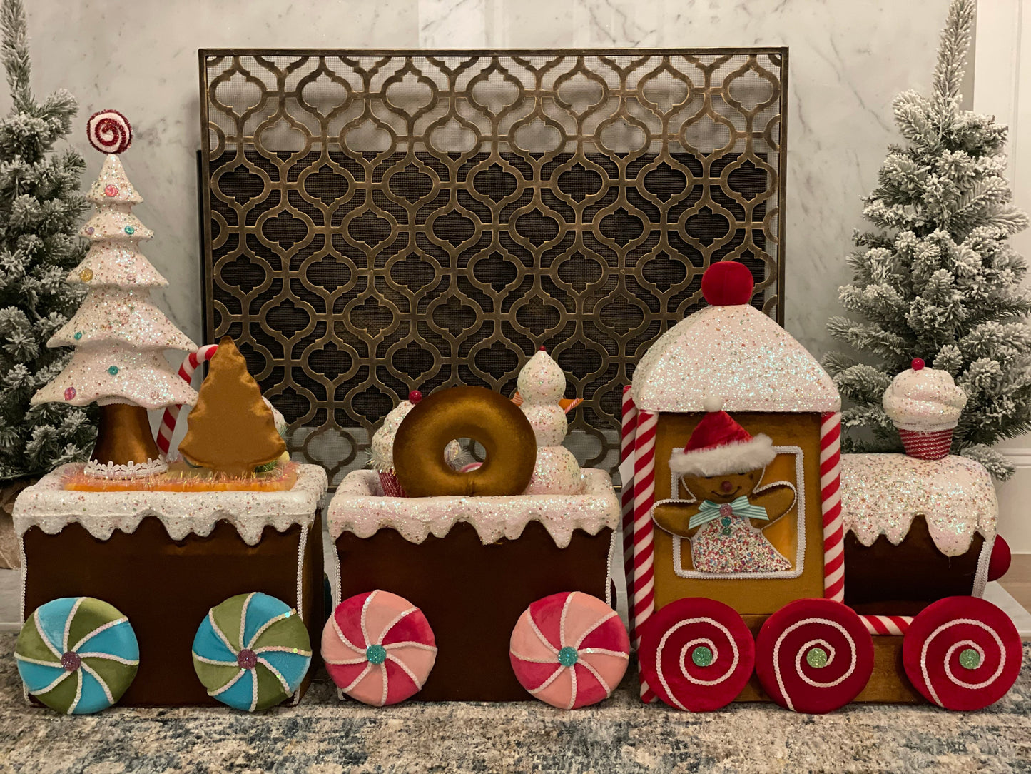 50” Velvet gingerbread candy train with tree, cupcakes, candy and snowman.