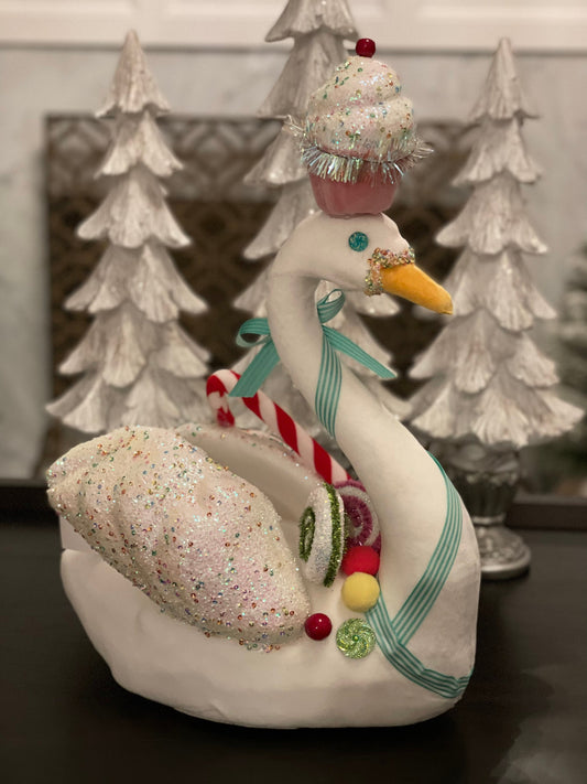 17”H x 12” L x 8” W Velvet sweet dreams swan with cupcake tabletop/ornament/display