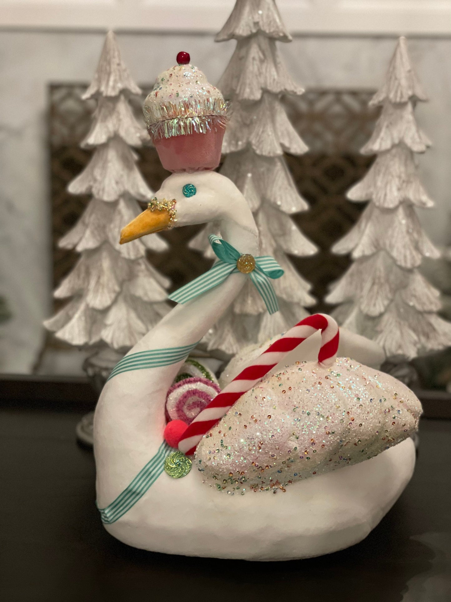 17”H x 12” L x 8” W Velvet sweet dreams swan with cupcake tabletop/ornament/display