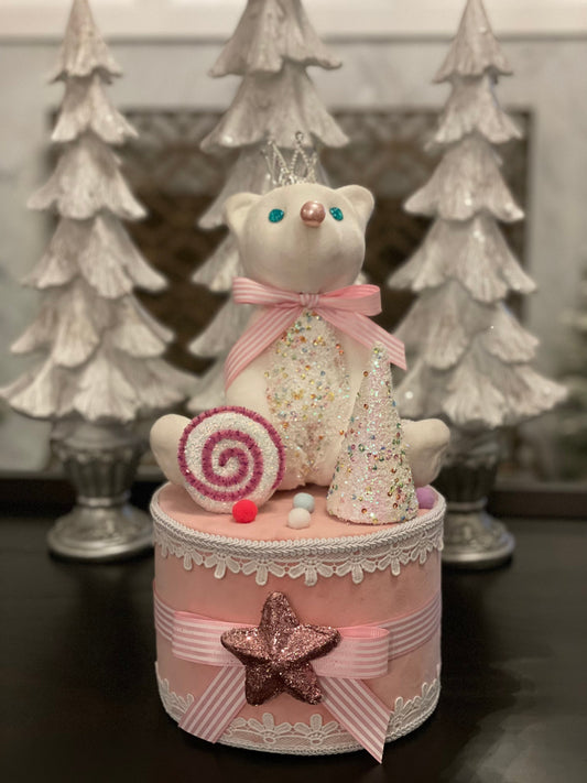 15”h x 7.5”w princess bear on pink cake/ gift box. Christmas. Tree toper. Ornament. Tabletop.
